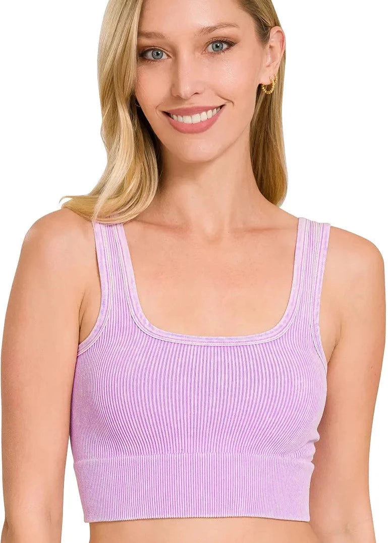 Washed Ribbed Square Neck Cropped Tank Top