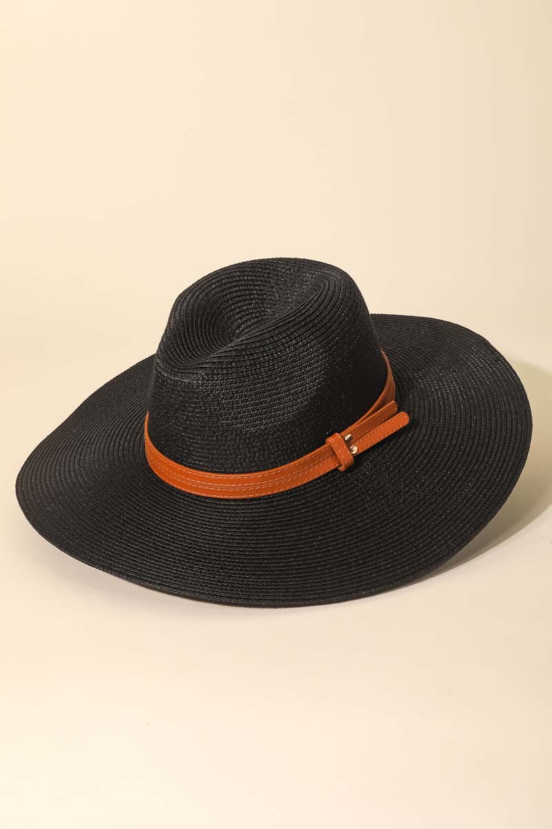 Straw Faux Leather Belt Strap Floppy Hat