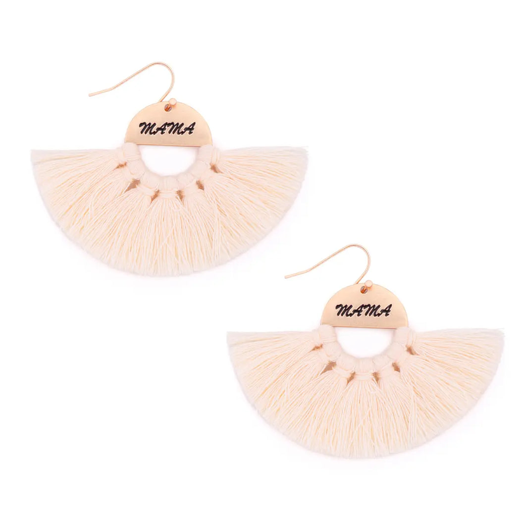 Mama Etched Fan Tassel Earrings