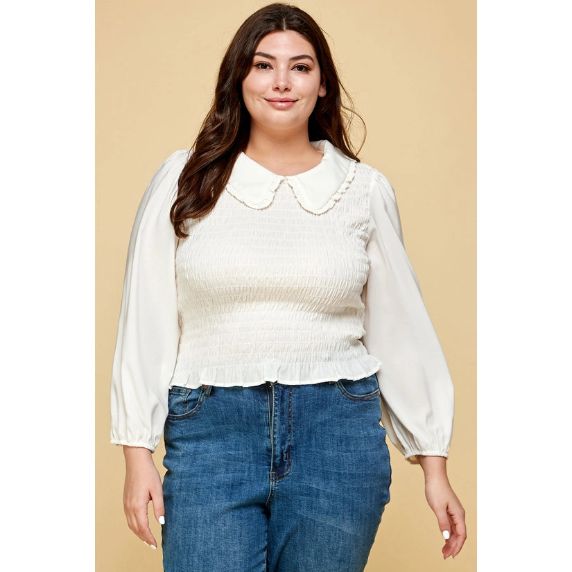 Plus Size Smocked Collared Top