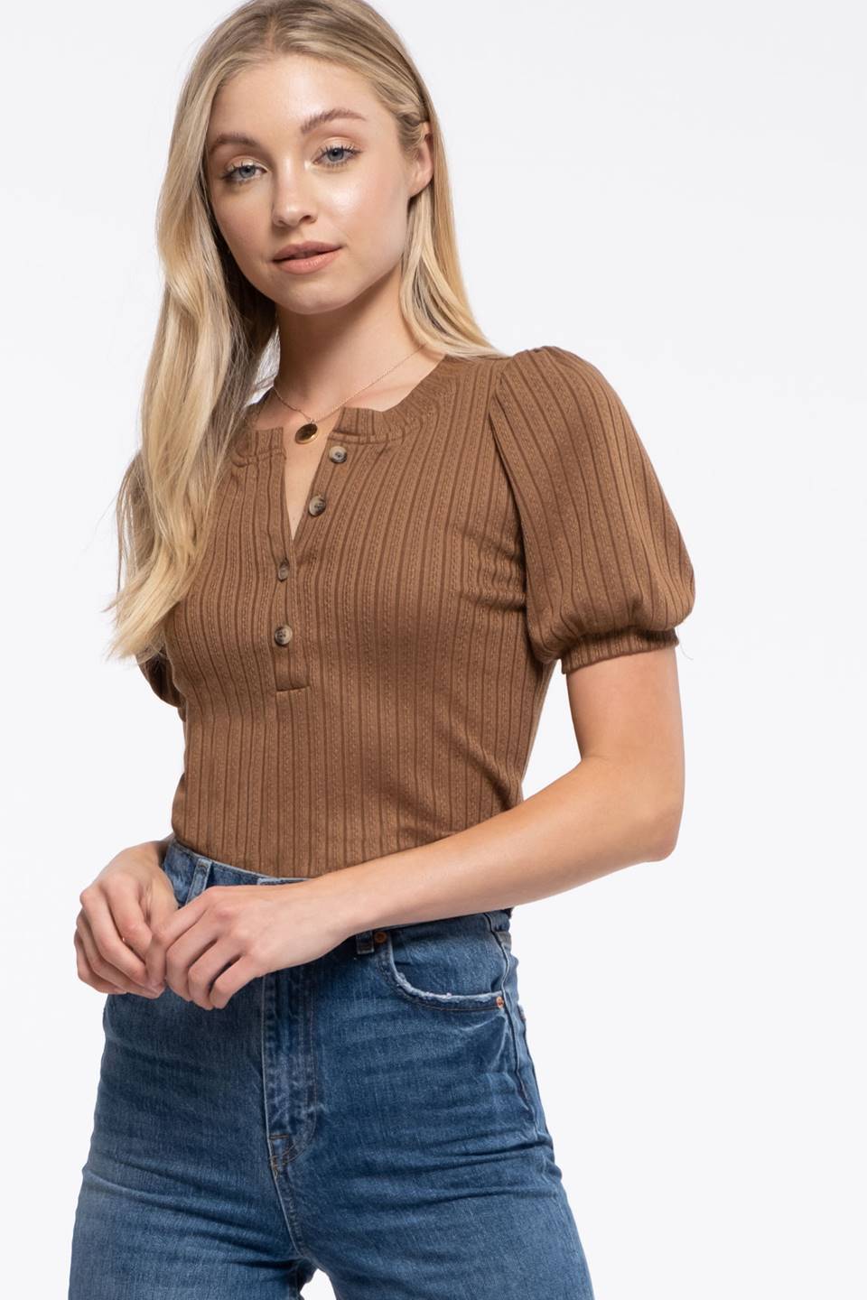 Henley Puff  Sleeve Top