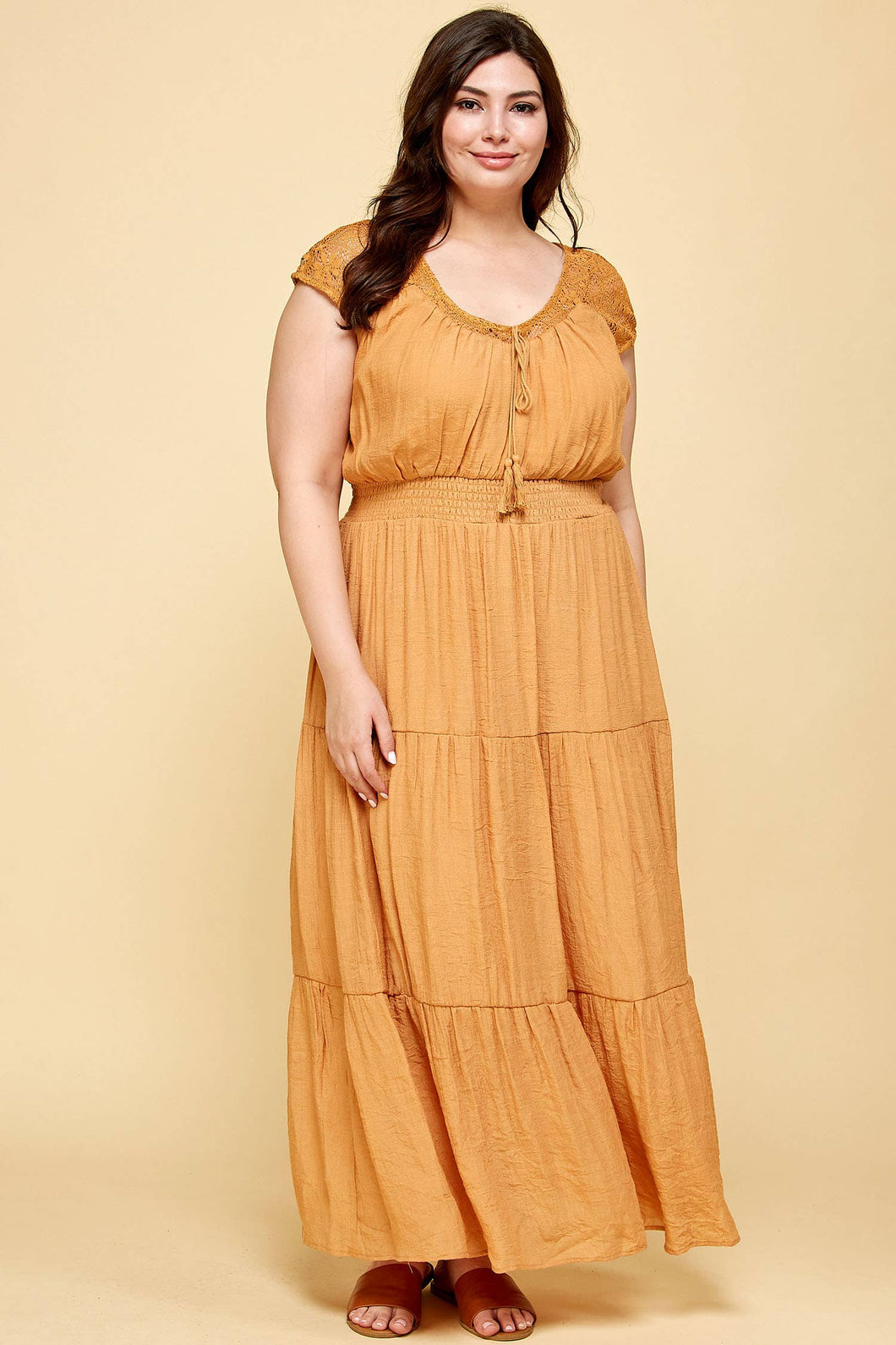 Lace Top Tassel Smocked Waist Tier Maxi Dress-Plus Size