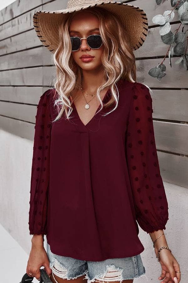 Sweet Polka Dot Long Sleeve V-Neck Top