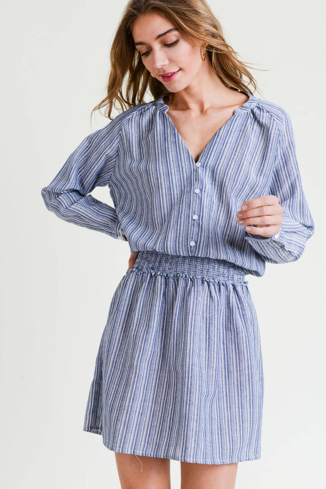 Washed Cotton Yarn Dye Stripe Button Down Dress.