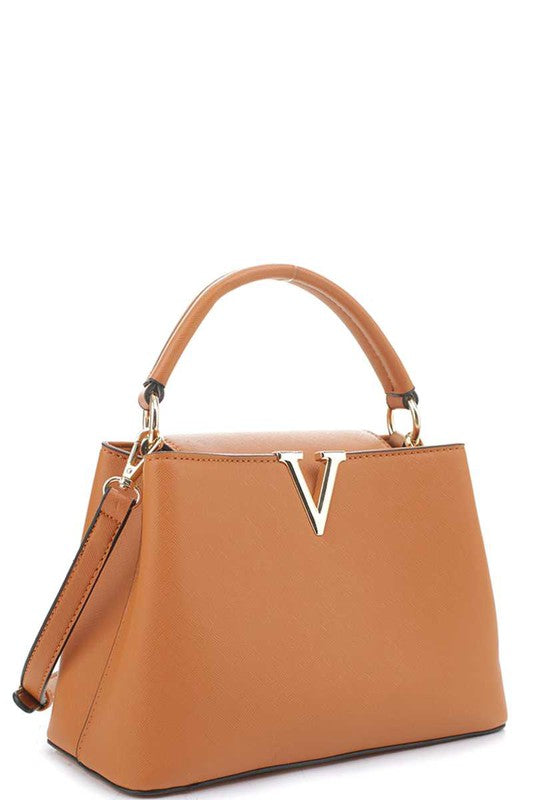 Smooth V Metal Plain Satchel Bag